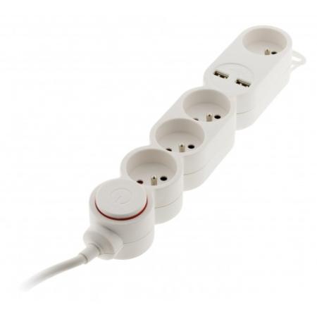 BLOC AVEC INTERRUPTEUR ET FICHE EXTRAPLATE 4 prises 16A 2P+T  Blanc + 2USB 2,1A - câble HO5VV-F 3G1 1,5m - Home