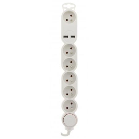 BLOC AVEC INTERRUPTEUR ET FICHE EXTRAPLATE 6 prises 16A 2P+T  Blanc + 2USB 2,1A - câble HO5VV-F 3G1 1,5m - Home